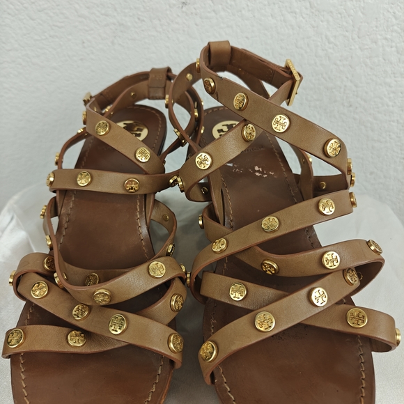 Tory Burch Leather Gold Logo Tan Gladiator Platform Sandals Size 8 Women's - Picture 7 of 16